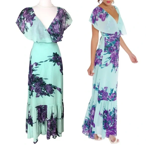 Luxxel Turquoise Lavender Fields Surplice Neckline Open Back Maxi Dress sz Small - Picture 2 of 16